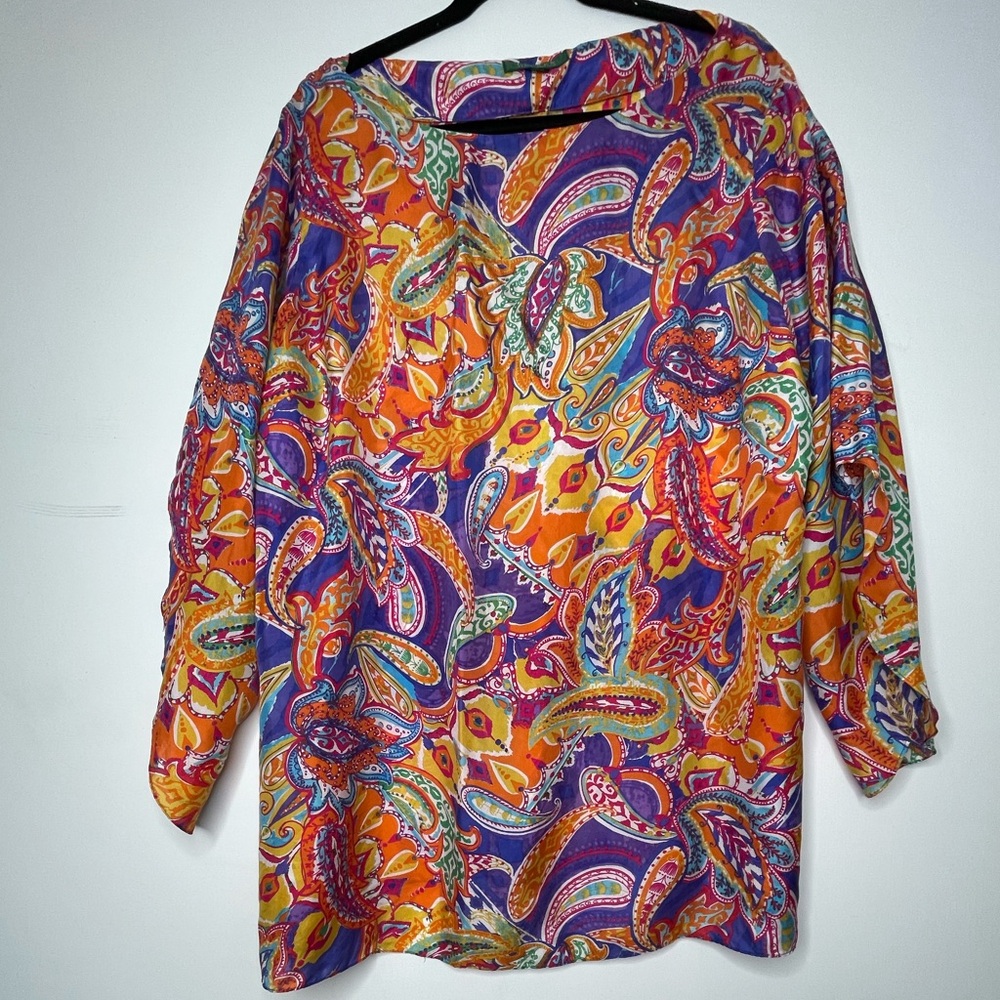 Ralph Lauren 100% Silk XL 3/4 Sleeve Top Tunic Paisley Lightweight Super Soft